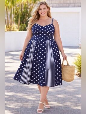 ModCloth Navy Polka Dot Stripe Dress Plus Size 24 Cotton Sleeveless Midi